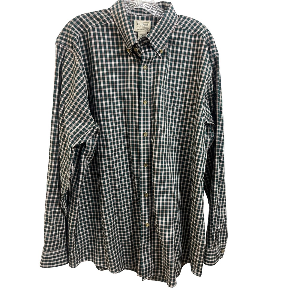 LL Bean Mens Large Green Plaid Button Down Shirt Traditional Fit Cotton 503307